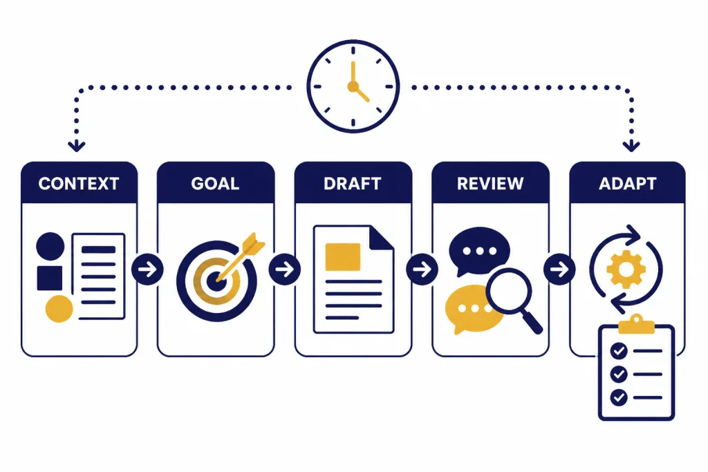 Five-step workflow labeled CONTEXT, GOAL, DRAFT, REVIEW, and ADAPT with arrows and a final checklist.