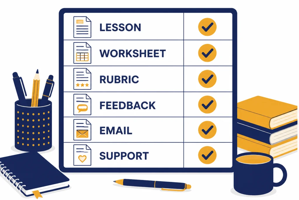 Preparation table with six rows labeled LESSON, WORKSHEET, RUBRIC, FEEDBACK, EMAIL, and SUPPORT.
