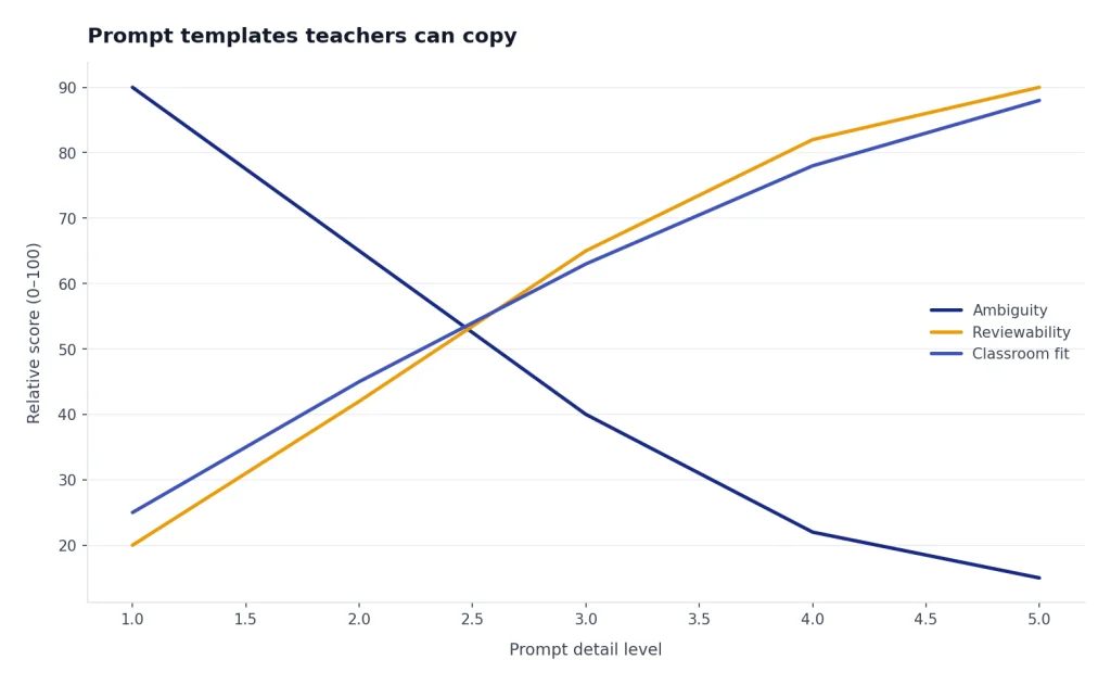 Line chart: as prompt detail rises 1 to 5, Ambiguity falls while Reviewability and Classroom fit rise.