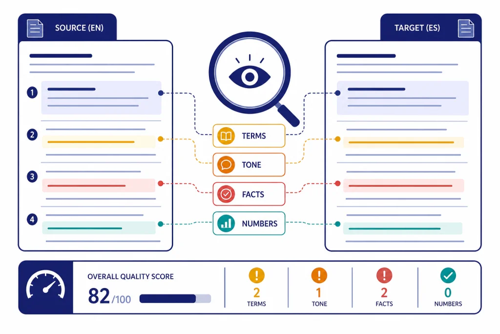 Translator Quality Dashboard Bilingual dashboard with two document columns and flags labeled TERMS, TONE, FACTS, and NUMBERS.
