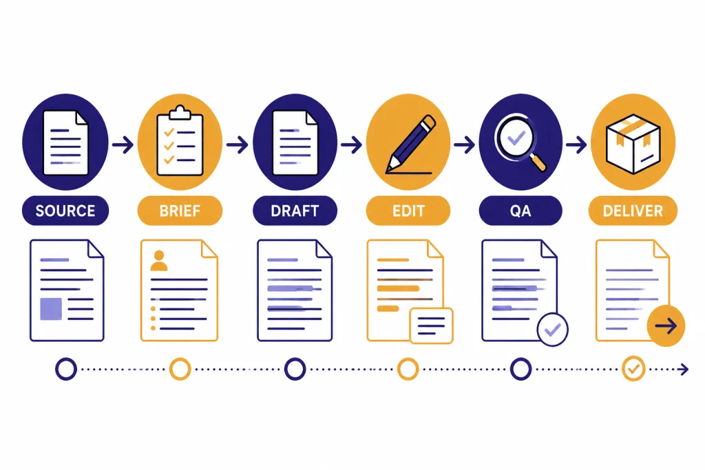 Six-step flowchart labeled SOURCE, BRIEF, DRAFT, EDIT, QA, and DELIVER.