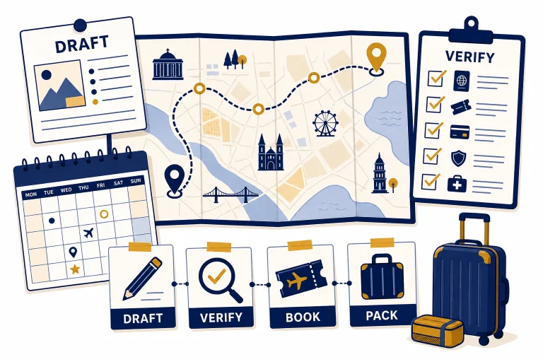 Itinerary board with route line and cards labeled DRAFT, VERIFY, BOOK, and PACK.