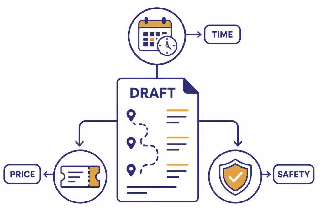 Itinerary draft connected to verification nodes labeled DRAFT, TIME, PRICE, and SAFETY.