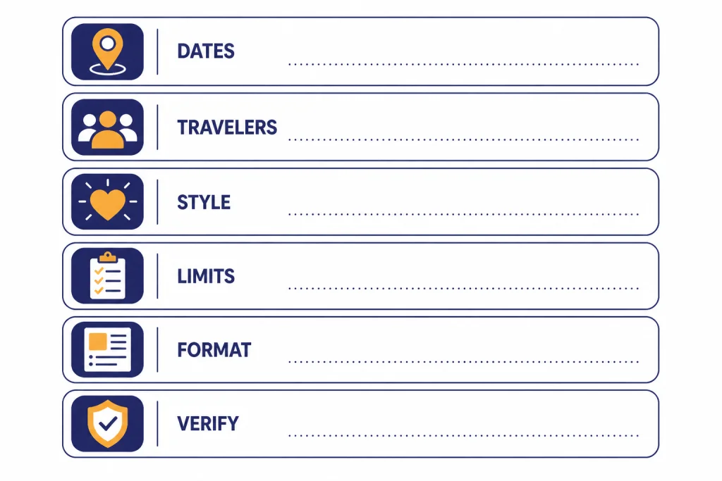 Travel Prompt Template Prompt template card with fields labeled DATES, TRAVELERS, STYLE, LIMITS, FORMAT, and VERIFY.