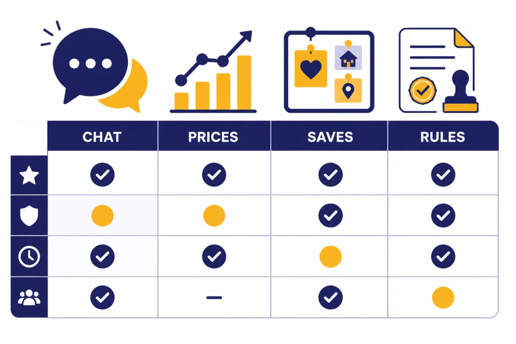 Comparison matrix with columns labeled CHAT, PRICES, SAVES, and RULES.