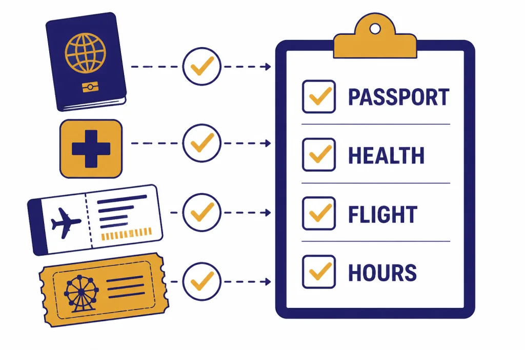 Travel Verification Checklist Verification checklist with objects labeled PASSPORT, HEALTH, FLIGHT, and HOURS.