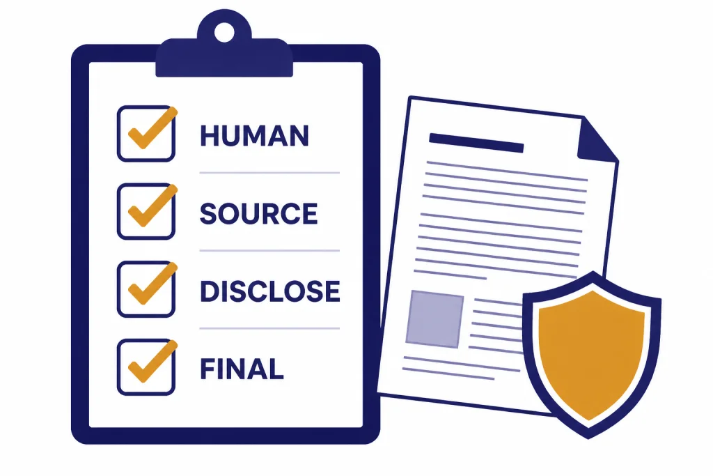 AI Writing Ethics Checklist Ethics checklist labeled HUMAN, SOURCE, DISCLOSE, and FINAL beside a manuscript page and shield icon.