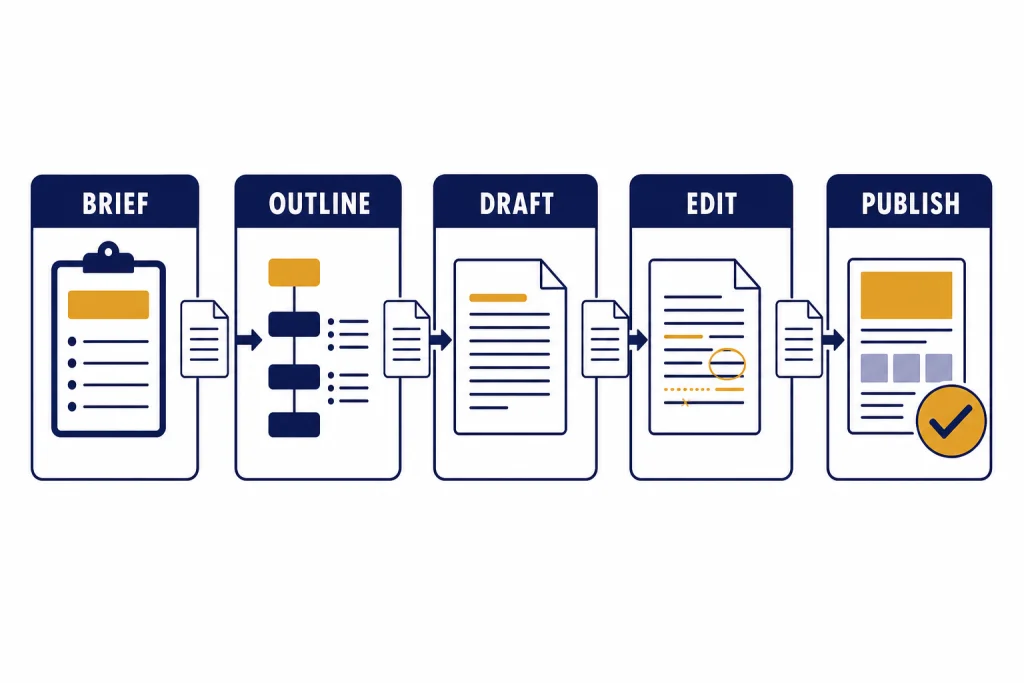 Writing Workflow Board Five connected workflow cards labeled BRIEF, OUTLINE, DRAFT, EDIT, and PUBLISH with document sheets.