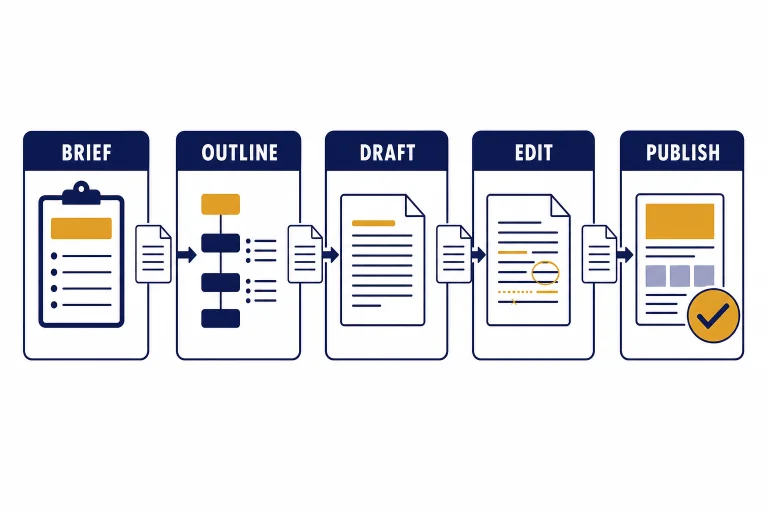 Five connected workflow cards labeled BRIEF, OUTLINE, DRAFT, EDIT, and PUBLISH with document sheets.