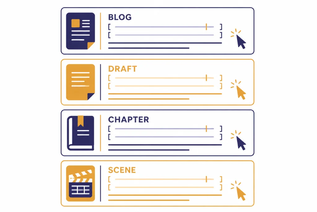 Four stacked prompt cards labeled BLOG, DRAFT, CHAPTER, and SCENE with editor cursor icons.