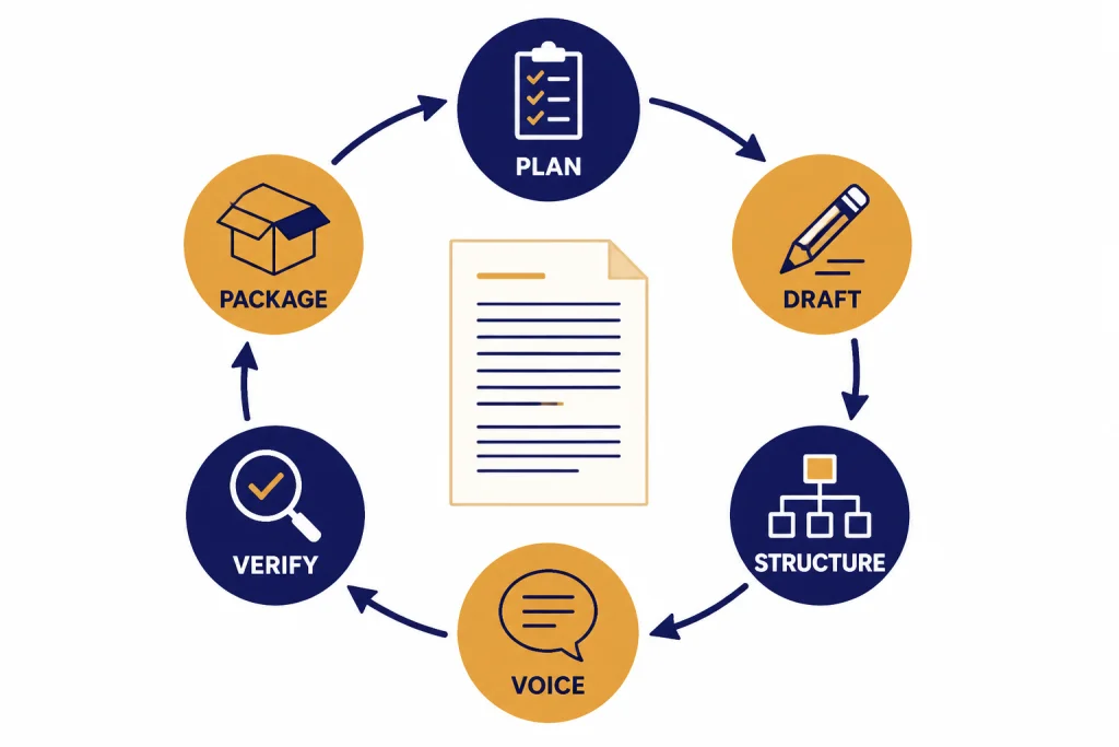 Revision Loop Workflow Circular revision loop labeled PLAN, DRAFT, STRUCTURE, VOICE, VERIFY, and PACKAGE around a manuscript page.
