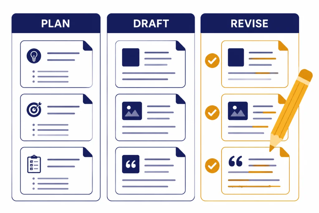 Task-fit matrix with columns labeled PLAN, DRAFT, and REVISE, with the REVISE column highlighted.