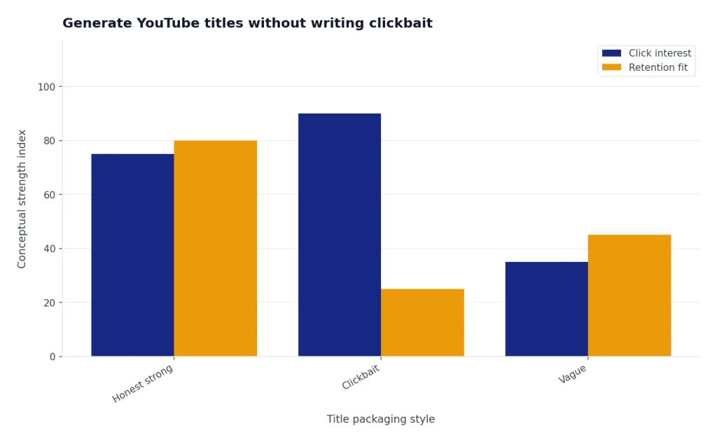 Grouped bars: Honest strong, Clickbait, Vague compare click interest 75,90,35 and retention fit 80,25,45.