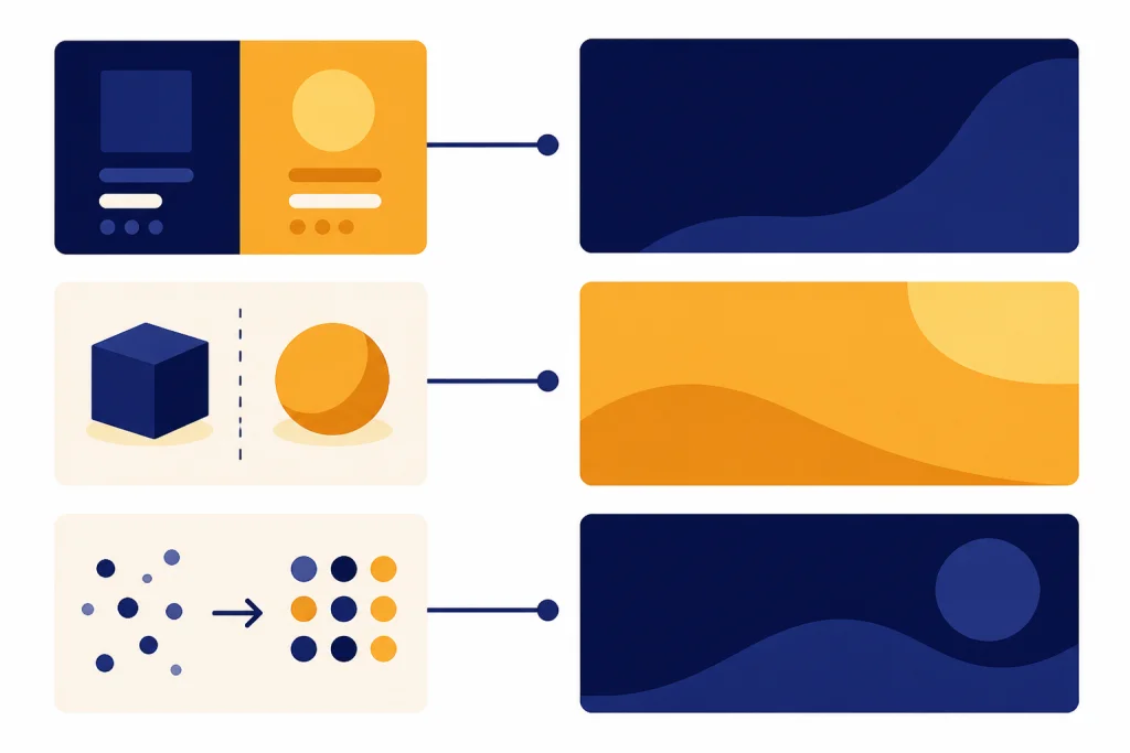 Three title cards paired with three thumbnail cards showing split screen, comparison, and before-after layouts.