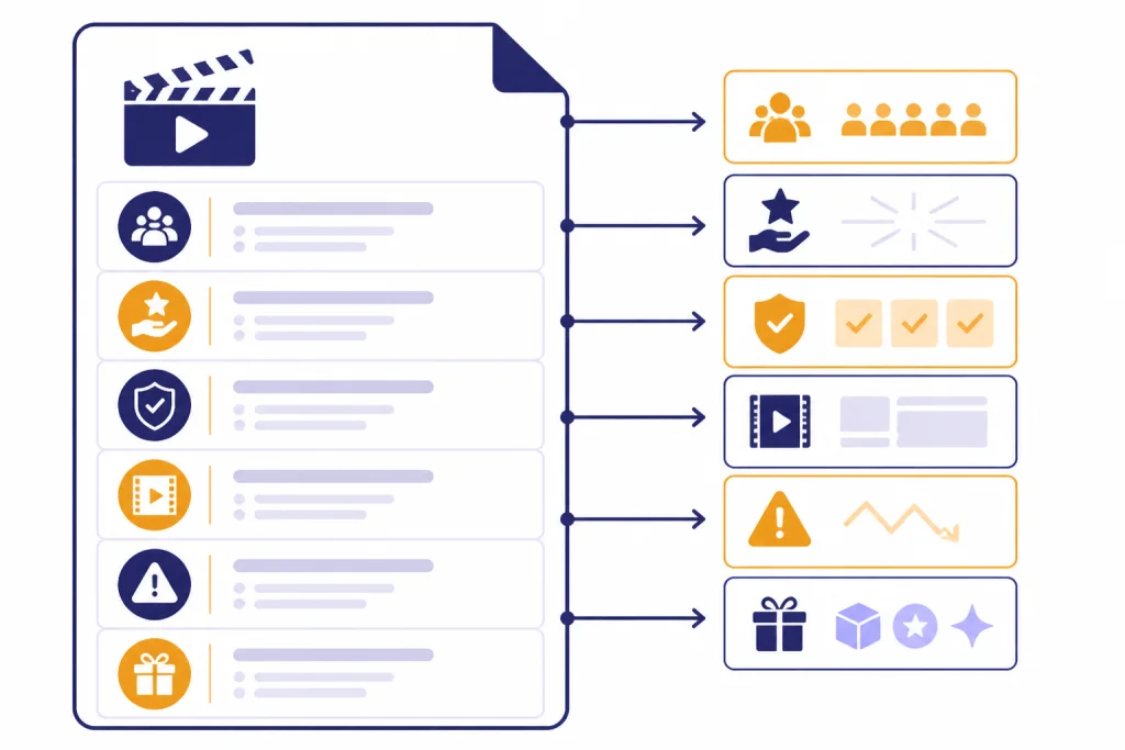 Video brief document with six rows connected to smaller planning cards.