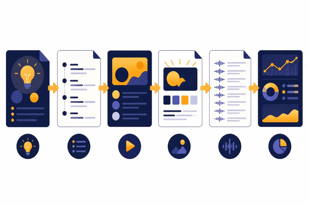 Horizontal production pipeline with blocks for brief, script, titles, thumbnail, assets, and analytics.