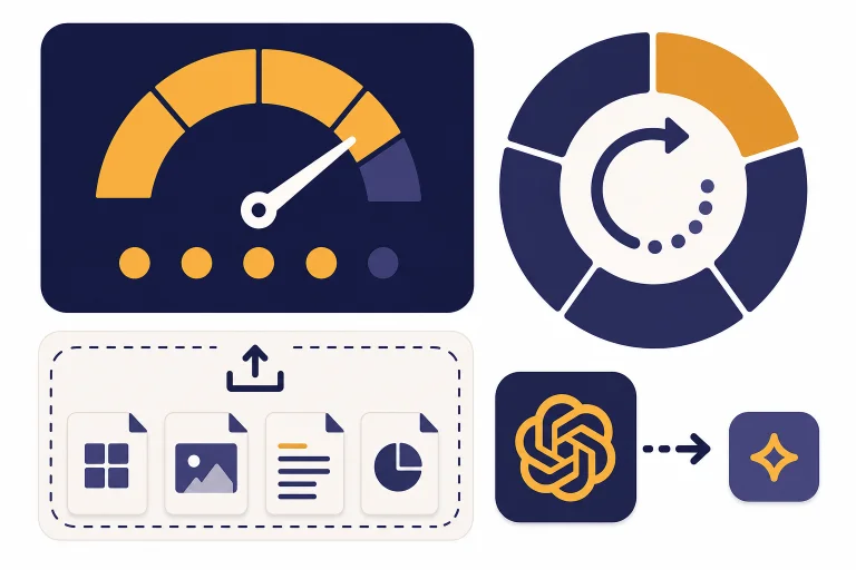 Dashboard with message gauge, reset clock, upload tray, and model-switch arrow to a smaller chip.