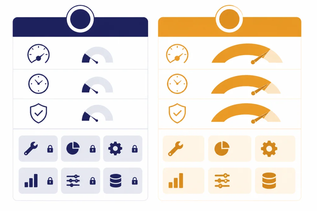 Two-column plan comparison with smaller Free gauges and wider paid gauges with open tool chips.