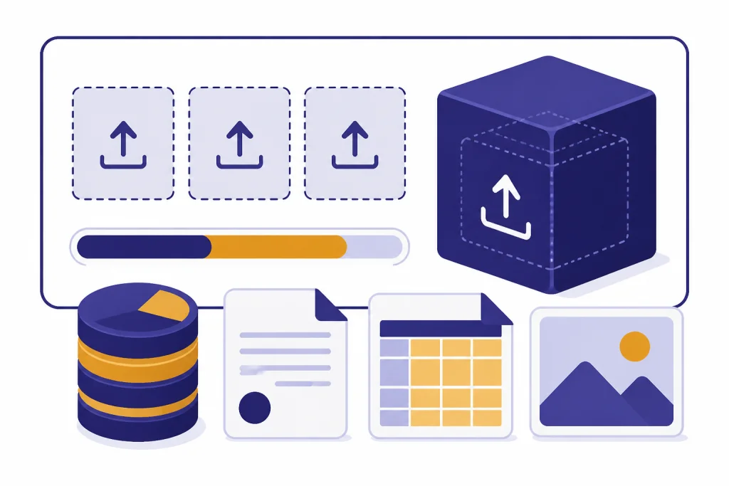 Free Upload Quota Panel Three upload slots beside file cube, document stack, spreadsheet sheet, image tile, and storage meter.