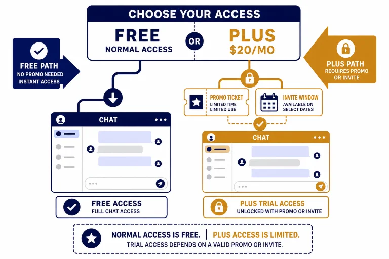 Split diagram with FREE path to chat and PLUS $20/MO path gated by a promo ticket and calendar card.