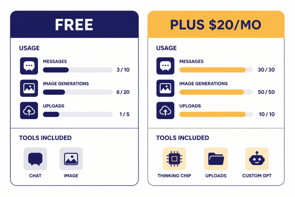 Two comparison cards labeled FREE and PLUS $20/MO with different usage bars, tool icons, and a custom GPT tile.