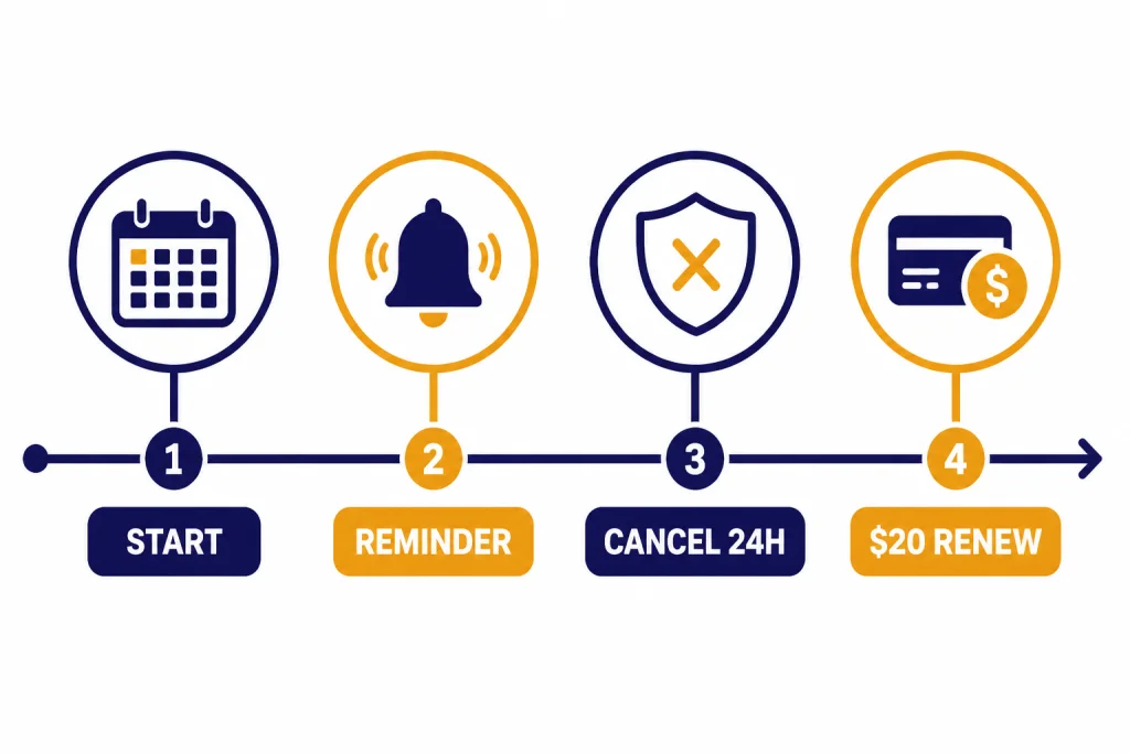 Horizontal timeline labeled START, REMINDER, CANCEL 24H, and $20 RENEW, with cancel placed before renewal.