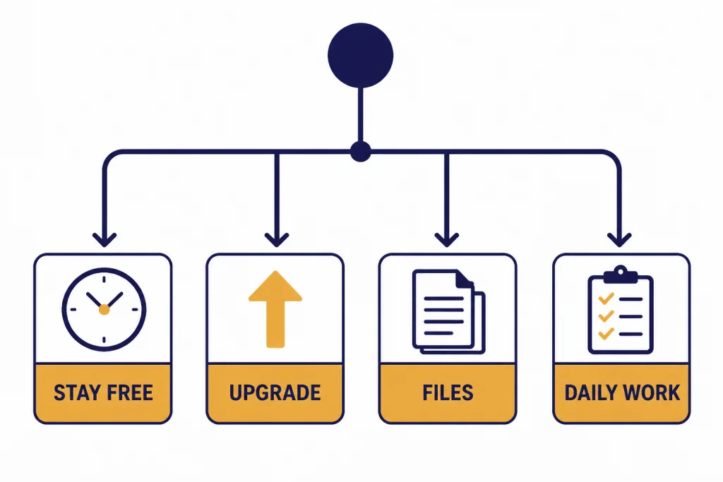 Decision tree with endpoint boxes labeled STAY FREE, UPGRADE, FILES, and DAILY WORK.