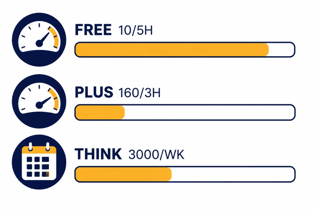 Message Limit Meters Three usage meters labeled FREE 10/5H, PLUS 160/3H, and THINK 3000/WK with different bar lengths.