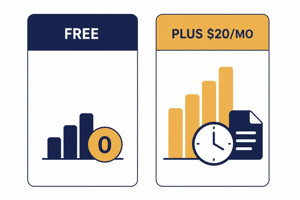 Two cards labeled FREE and PLUS $20/MO, with the Plus card showing taller usage bars, a clock, and a file icon.