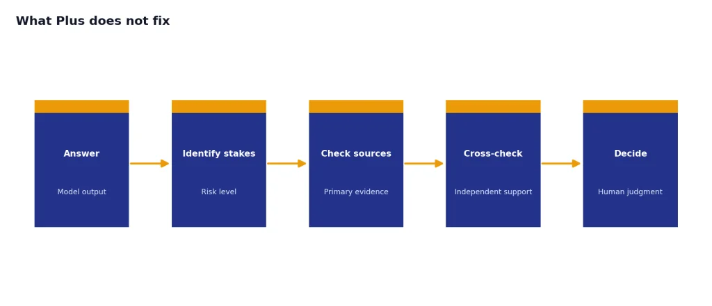 Process with stages Answer, Identify stakes, Check sources, Cross-check, Decide for verifying high-stakes claims.