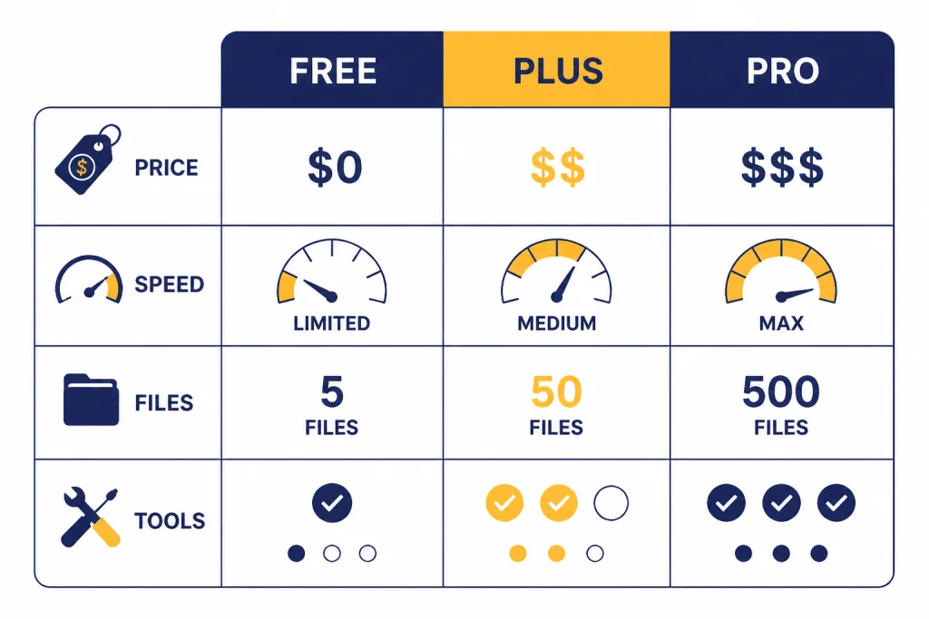 Comparison grid with columns labeled FREE, PLUS, and PRO and rows for price, speed, files, and tools.