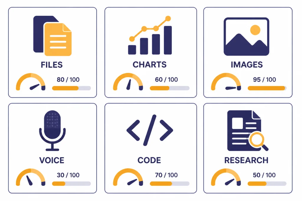 ChatGPT Tool Dashboard Tool dashboard tiles labeled FILES, CHARTS, IMAGES, VOICE, CODE, and RESEARCH with limit gauges.