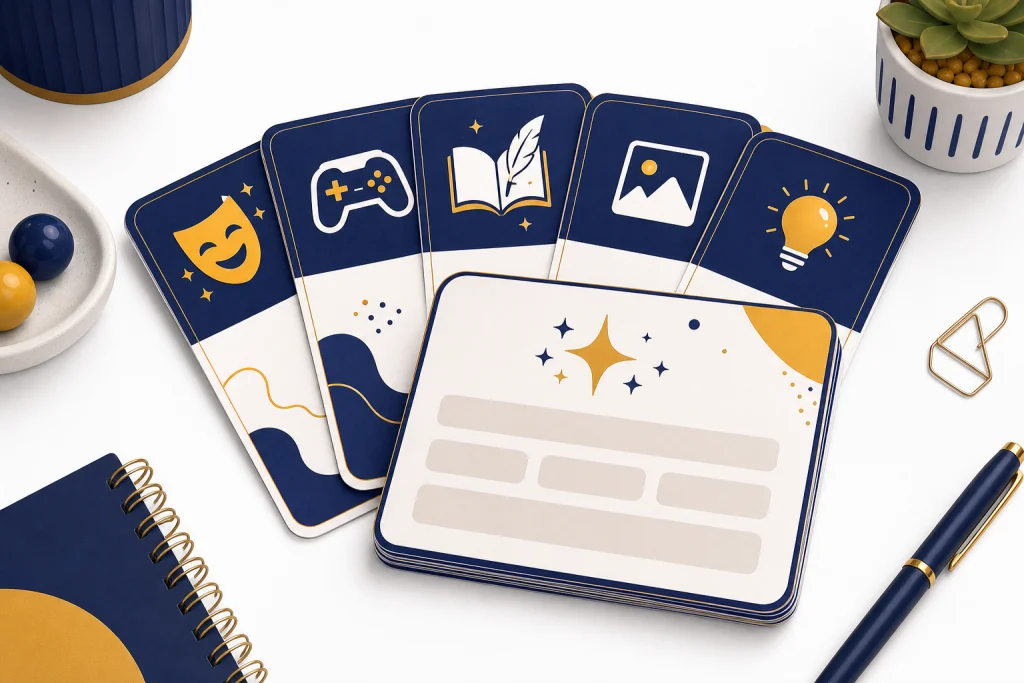 Fun Prompt Card Deck Fanned prompt cards with icons for jokes, games, stories, images, and learning.