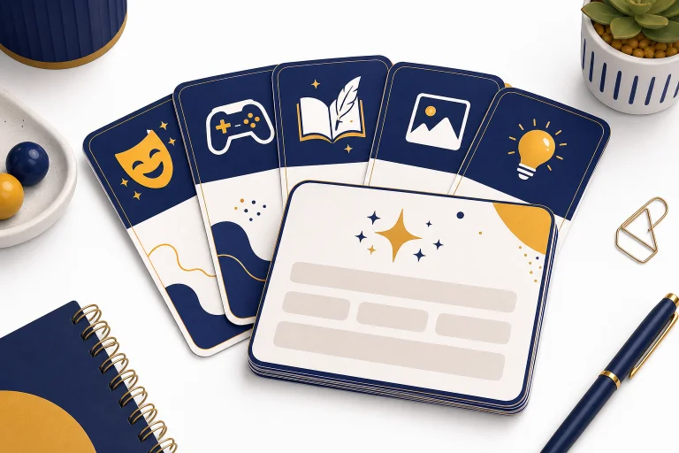 Fanned prompt cards with icons for jokes, games, stories, images, and learning.