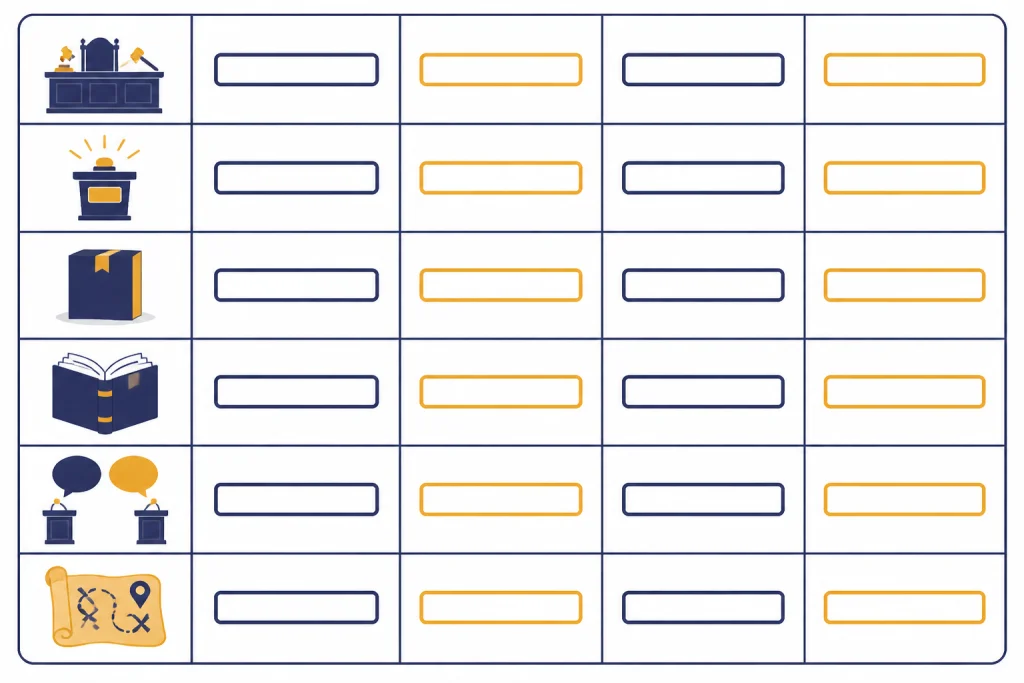 Fun Format Matrix Six-row comparison matrix with icons for trial, game show, product, genre, debate, and quest.