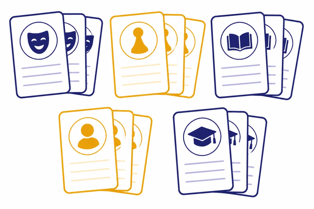 Grid of prompt cards grouped by joke, game, story, profile, and learning icons.