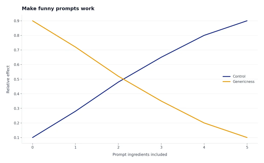 Line chart: Control rises from 0.10 to 0.90 while Genericness falls from 0.90 to 0.10 across 0–5 ingredients.