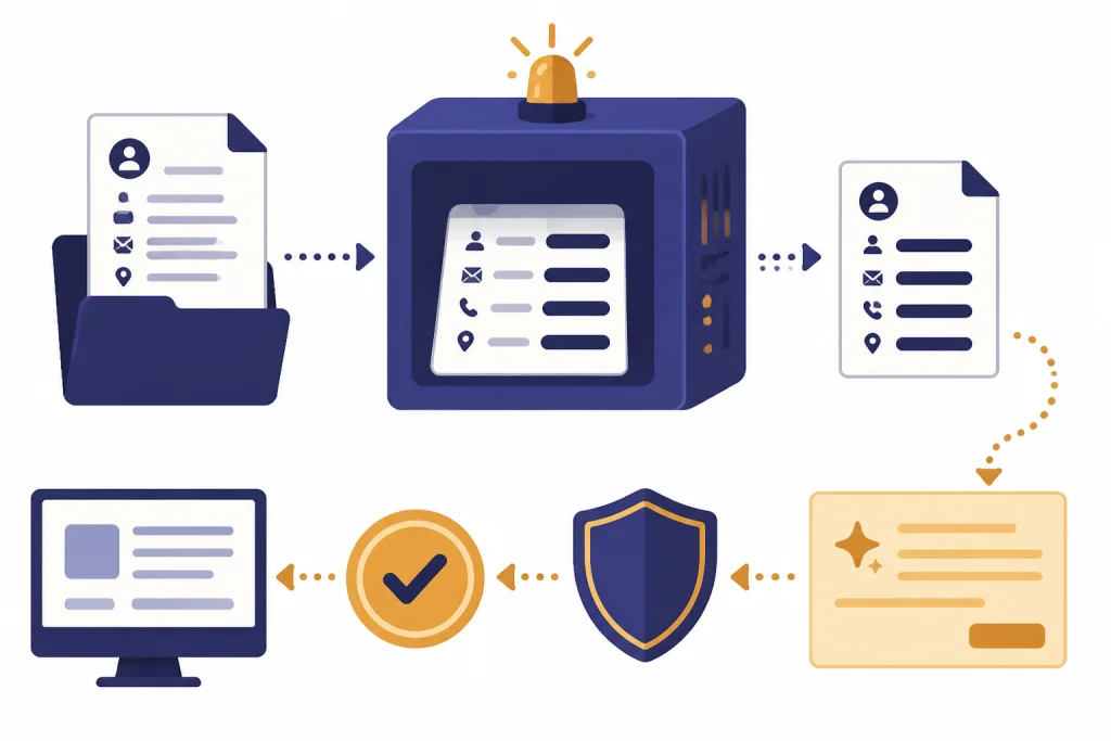 HR Data Redaction Flow Redacted HR file passes through a redaction box, shield, approved prompt card, and review checkpoint.