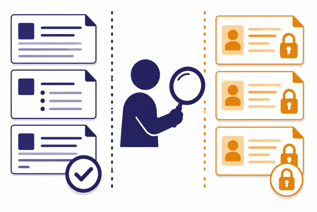 HR Decision Boundary Decision checklist with safe document cards, locked decision cards, and a human reviewer with magnifier.