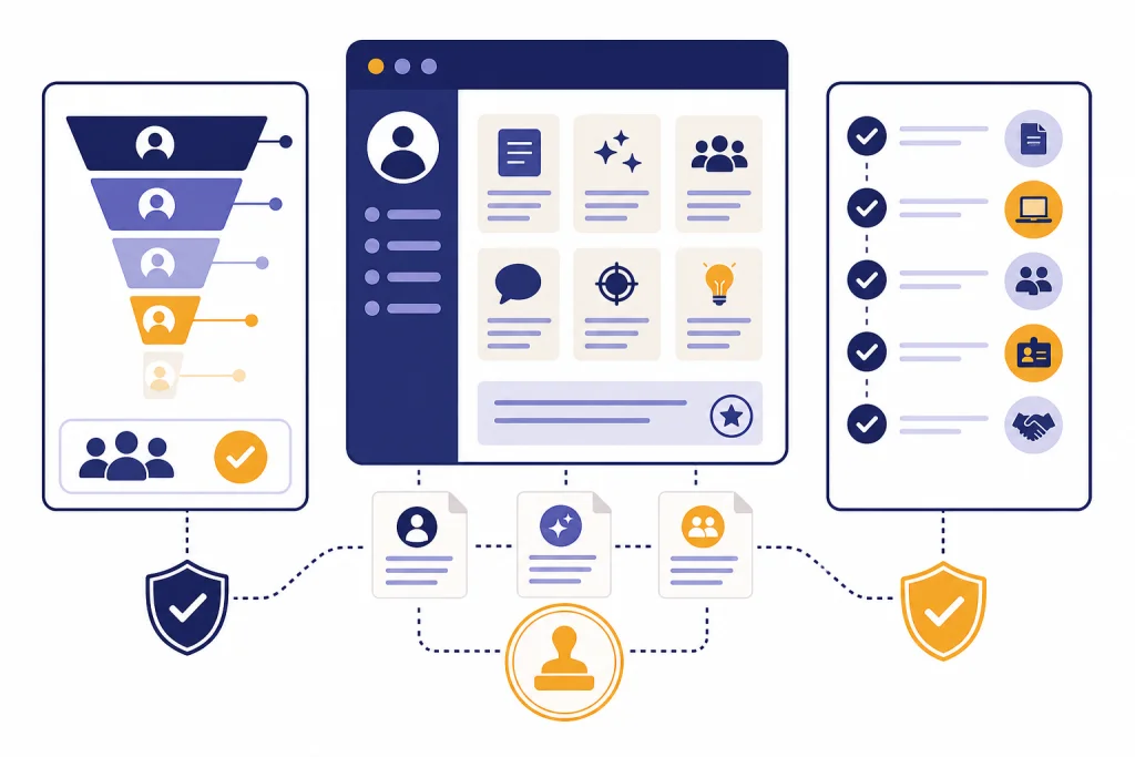 HR Prompt Library Overview HR prompt dashboard with hiring funnel, onboarding checklist, document cards, shield icons, and review stamp.