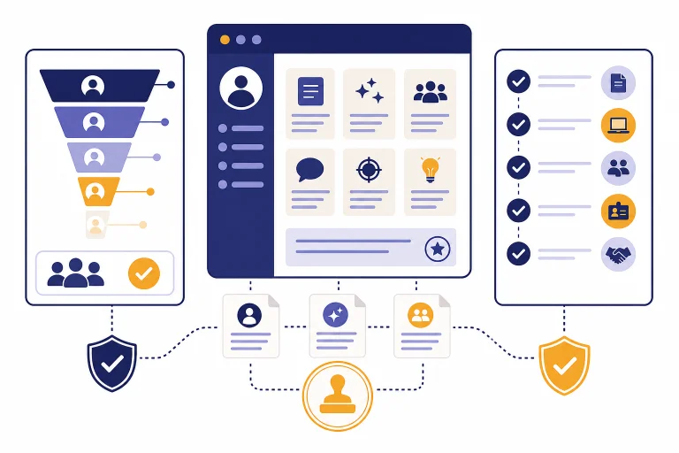 HR prompt dashboard with hiring funnel, onboarding checklist, document cards, shield icons, and review stamp.