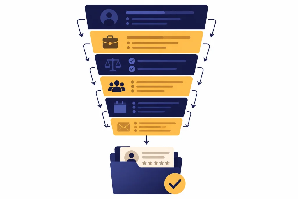 Hiring Prompt Funnel Hiring funnel made of stacked prompt cards flowing into a reviewed candidate folder.
