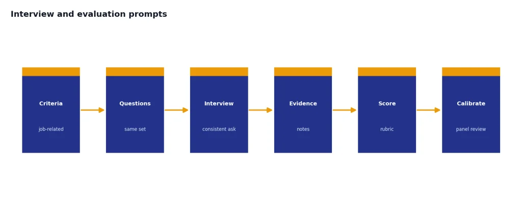 Process with 6 stages: Criteria, Questions, Interview, Evidence, Score, Calibrate for structured interviews.