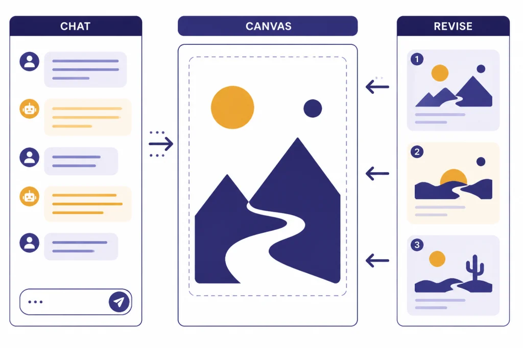 Chat column, canvas panel, and revision chips labeled CHAT, CANVAS, REVISE with arrows between them.