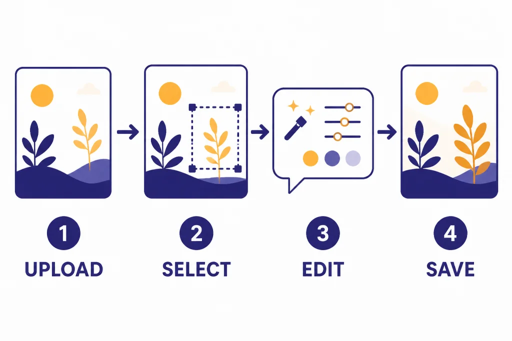 Four-step edit workflow labeled UPLOAD, SELECT, EDIT, SAVE with arrows across image thumbnails.