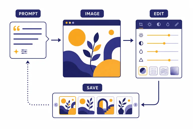 Prompt card, image canvas, edit panel, and save tray labeled PROMPT, IMAGE, EDIT, SAVE.