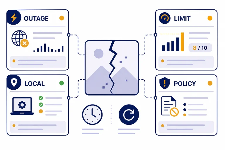Dashboard with broken image placeholder and four cards labeled OUTAGE, LIMIT, LOCAL, and POLICY.