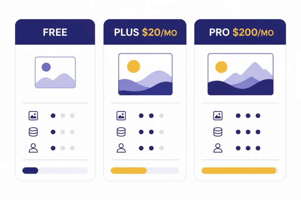 Three plan cards labeled FREE, PLUS $20/MO, and PRO $200/MO with increasing image usage meters.