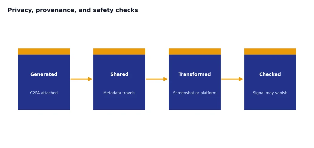 Process with 4 stages: Generated, Shared, Transformed, Checked, showing C2PA metadata can disappear.