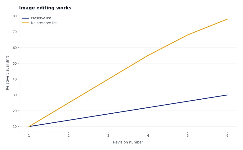 Illustrative line chart comparing lower edit drift when a preserve list is used with higher edit drift when no preserve list is used.